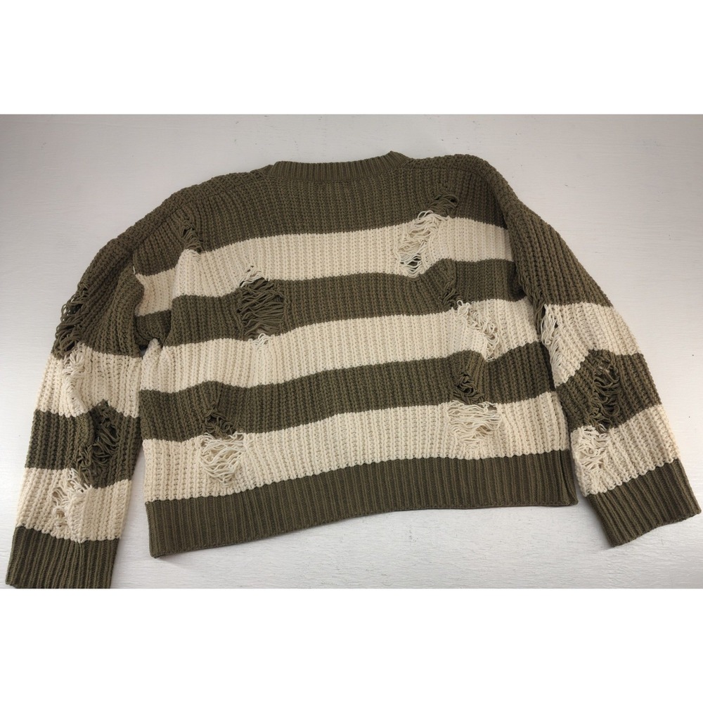 POL Olive Green Cream Striped Distressed Chunky Knit Sweater JST398 Womens Small - Picture 4 of 7